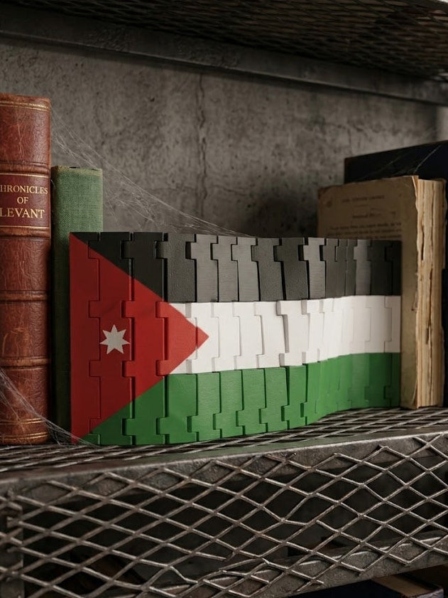 Flag of Jordan made from interlocking wooden pieces on a bookshelf with books around