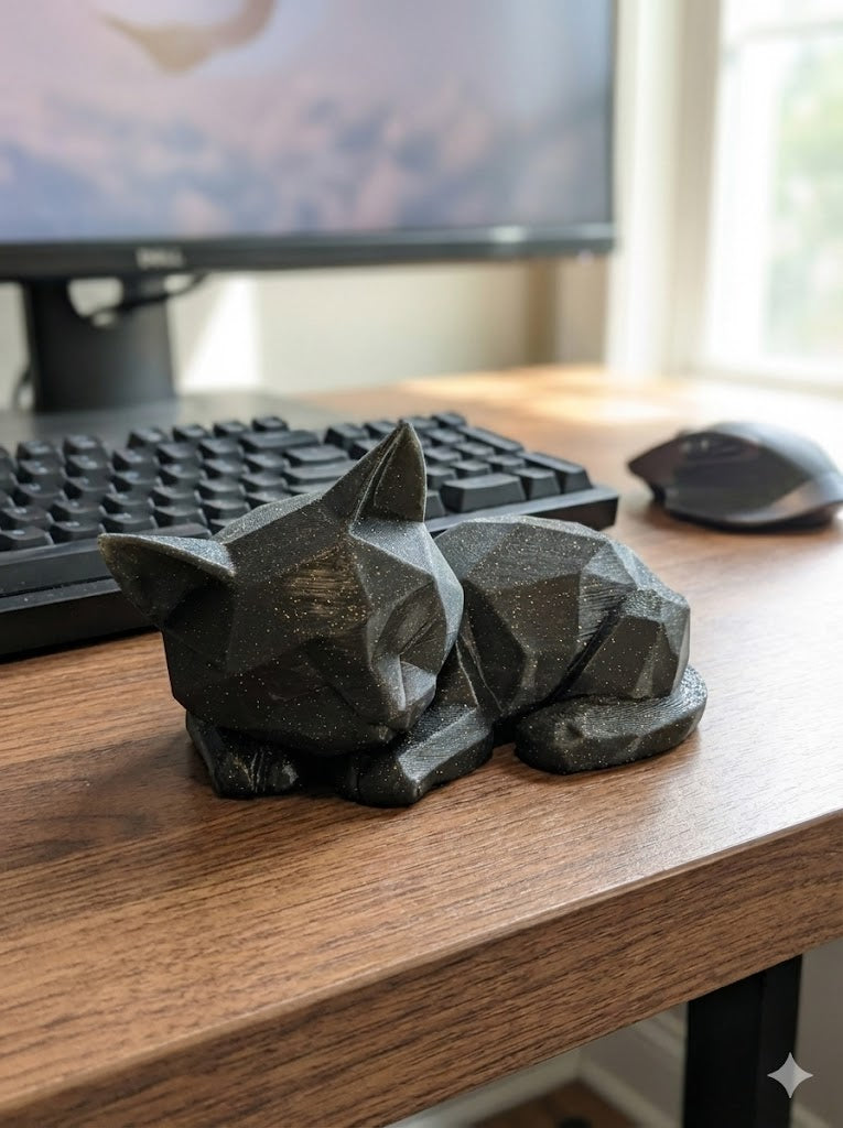 Galaxy Black Geometric Sleeping Cat – Sparkle Finish Desk Companion
