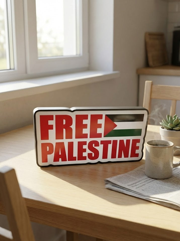Free Palestine sign on a table with a cup and newspaper in a home setting