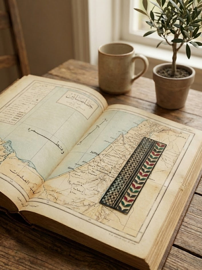 Open book with decorative text and illustrations on a wooden table, next to a mug and plant.