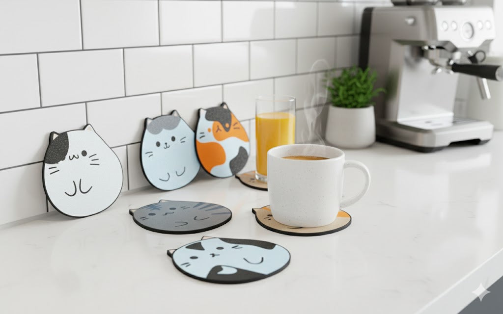 Adorable 3D Printed Cat Coasters | Set of 6 Unique Kawaii Kitten Desk Accessories